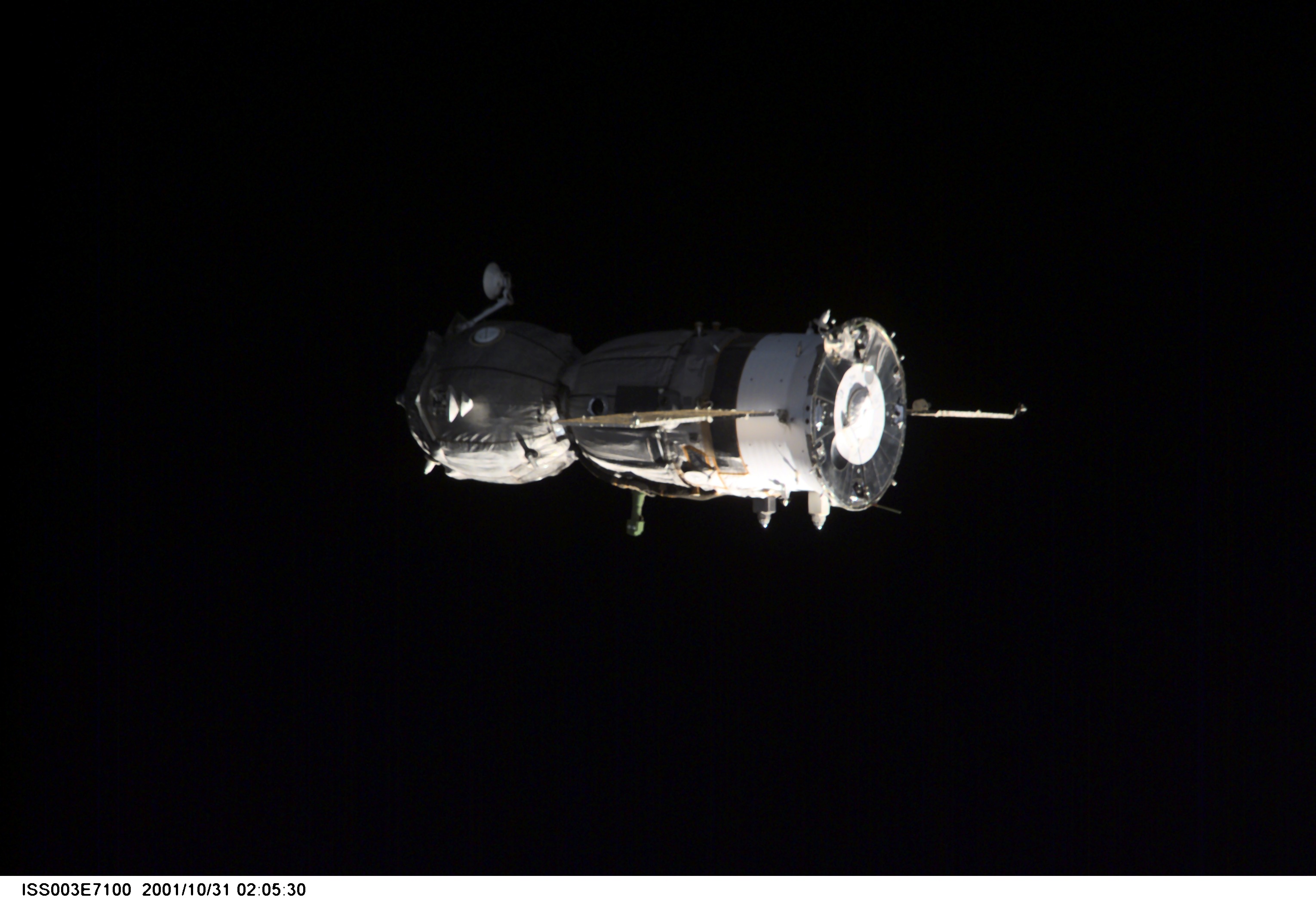 A Soyuz spacecraft departs from the International Space Station (ISS) carrying the Soyuz taxi crew, Commander Victor Afanasyev, Flight Engineer Konstantin Kozeev and French Flight Engineer Claudie Haignere, ending their eight-day stay on the station. Afanasyev and Kozeev represent Rosaviakosmos, and Haignere represents ESA, carrying out a flight program for CNES, the French Space Agency, under a commercial contract with the Russian Aviation and Space Agency. This image was taken with a digital still camera.