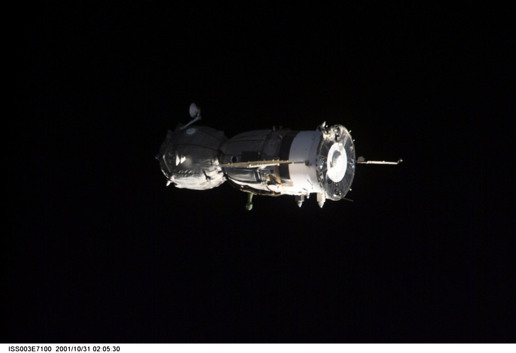 A Soyuz spacecraft departs from the International Space Station (ISS) carrying the Soyuz taxi crew, Commander Victor Afanasyev, Flight Engineer Konstantin Kozeev and French Flight Engineer Claudie Haignere, ending their eight-day stay on the station. Afanasyev and Kozeev represent Rosaviakosmos, and Haignere represents ESA, carrying out a flight program for CNES, the French Space Agency, under a commercial contract with the Russian Aviation and Space Agency. This image was taken with a digital still camera.