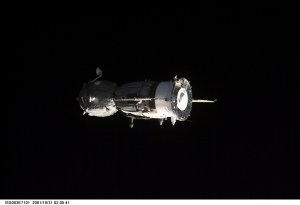 A Soyuz spacecraft departs from the International Space Station (ISS) carrying the Soyuz taxi crew, Commander Victor Afanasyev, Flight Engineer Konstantin Kozeev and French Flight Engineer Claudie Haignere, ending their eight-day stay on the station. Afanasyev and Kozeev represent Rosaviakosmos, and Haignere represents ESA, carrying out a flight program for CNES, the French Space Agency, under a commercial contract with the Russian Aviation and Space Agency. This image was taken with a digital still camera.
