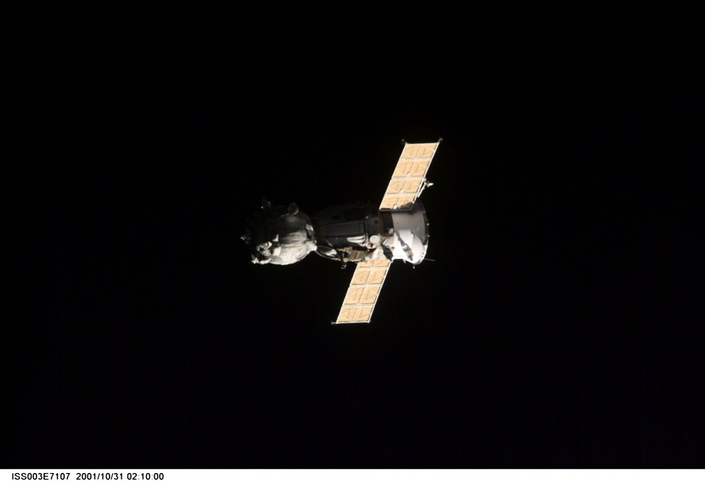 A Soyuz spacecraft departs from the International Space Station (ISS) carrying the Soyuz taxi crew, Commander Victor Afanasyev, Flight Engineer Konstantin Kozeev and French Flight Engineer Claudie Haignere, ending their eight-day stay on the station. Afanasyev and Kozeev represent Rosaviakosmos, and Haignere represents ESA, carrying out a flight program for CNES, the French Space Agency, under a commercial contract with the Russian Aviation and Space Agency. This image was taken with a digital still camera.