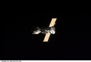 A Soyuz spacecraft departs from the International Space Station (ISS) carrying the Soyuz taxi crew, Commander Victor Afanasyev, Flight Engineer Konstantin Kozeev and French Flight Engineer Claudie Haignere, ending their eight-day stay on the station. Afanasyev and Kozeev represent Rosaviakosmos, and Haignere represents ESA, carrying out a flight program for CNES, the French Space Agency, under a commercial contract with the Russian Aviation and Space Agency. This image was taken with a digital still camera.