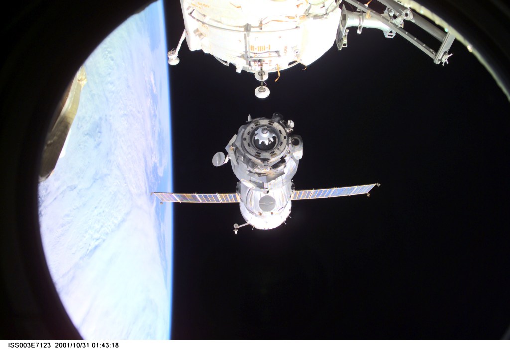 Backdropped by Earth’s horizon and the blackness of space, a Soyuz spacecraft undocks from the International Space Station (ISS) carrying the Soyuz taxi crew, Commander Victor Afanasyev, Flight Engineer Konstantin Kozeev and French Flight Engineer Claudie Haignere, ending their eight-day stay on the station. Afanasyev and Kozeev represent Rosaviakosmos, and Haignere represents ESA, carrying out a flight program for CNES, the French Space Agency, under a commercial contract with the Russian Aviation and Space Agency. This image was taken with a digital still camera.