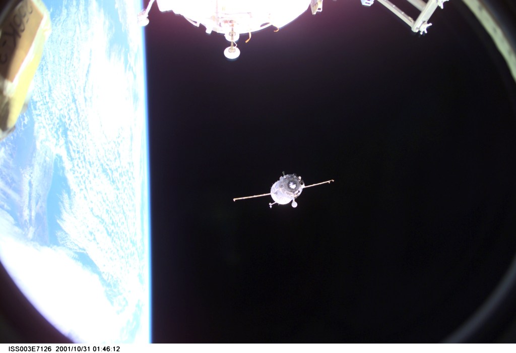 Backdropped by Earth’s horizon and the blackness of space, a Soyuz spacecraft undocks from the International Space Station (ISS) carrying the Soyuz taxi crew, Commander Victor Afanasyev, Flight Engineer Konstantin Kozeev and French Flight Engineer Claudie Haignere, ending their eight-day stay on the station. Afanasyev and Kozeev represent Rosaviakosmos, and Haignere represents ESA, carrying out a flight program for CNES, the French Space Agency, under a commercial contract with the Russian Aviation and Space Agency. This image was taken with a digital still camera.