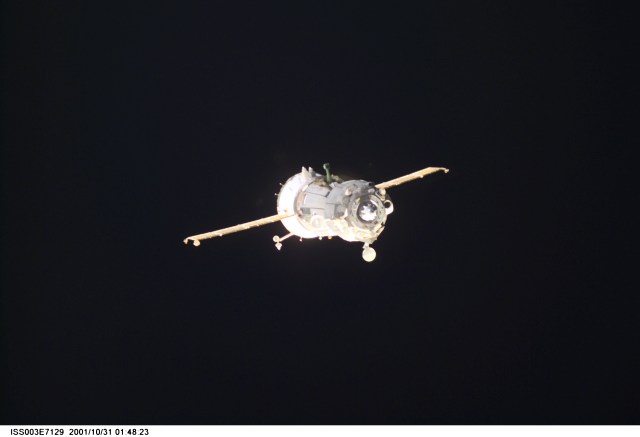 A Soyuz spacecraft departs from the International Space Station (ISS) carrying the Soyuz taxi crew, Commander Victor Afanasyev, Flight Engineer Konstantin Kozeev and French Flight Engineer Claudie Haignere, ending their eight-day stay on the station. Afanasyev and Kozeev represent Rosaviakosmos, and Haignere represents ESA, carrying out a flight program for CNES, the French Space Agency, under a commercial contract with the Russian Aviation and Space Agency. This image was taken with a digital still camera.