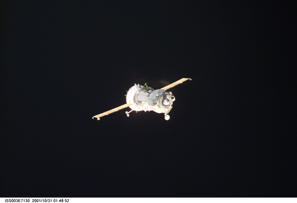 A Soyuz spacecraft departs from the International Space Station (ISS) carrying the Soyuz taxi crew, Commander Victor Afanasyev, Flight Engineer Konstantin Kozeev and French Flight Engineer Claudie Haignere, ending their eight-day stay on the station. Afanasyev and Kozeev represent Rosaviakosmos, and Haignere represents ESA, carrying out a flight program for CNES, the French Space Agency, under a commercial contract with the Russian Aviation and Space Agency. This image was taken with a digital still camera.