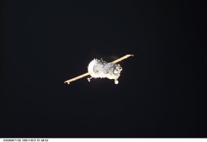 A Soyuz spacecraft departs from the International Space Station (ISS) carrying the Soyuz taxi crew, Commander Victor Afanasyev, Flight Engineer Konstantin Kozeev and French Flight Engineer Claudie Haignere, ending their eight-day stay on the station. Afanasyev and Kozeev represent Rosaviakosmos, and Haignere represents ESA, carrying out a flight program for CNES, the French Space Agency, under a commercial contract with the Russian Aviation and Space Agency. This image was taken with a digital still camera.