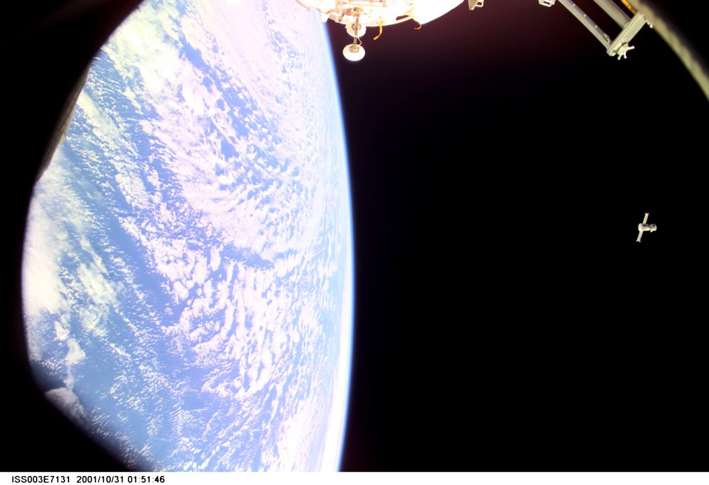 Backdropped by Earth’s horizon and the blackness of space, this distant view shows a Soyuz spacecraft after undocking from the International Space Station (ISS) carrying the Soyuz taxi crew, Commander Victor Afanasyev, Flight Engineer Konstantin Kozeev and French Flight Engineer Claudie Haignere, ending their eight-day stay on the station. Afanasyev and Kozeev represent Rosaviakosmos, and Haignere represents ESA, carrying out a flight program for CNES, the French Space Agency, under a commercial contract with the Russian Aviation and Space Agency. This image was taken with a digital still camera.