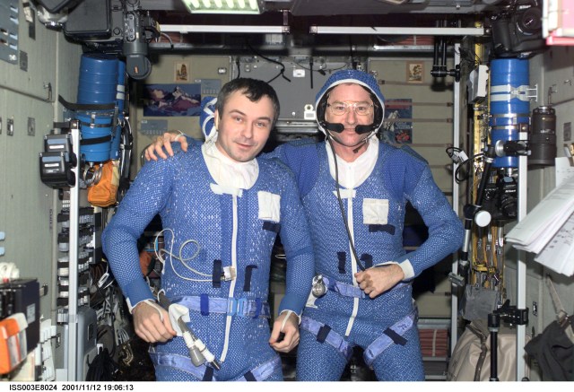 Astronaut Frank L. Culbertson, Jr. (right), Expedition Three mission commander, and cosmonaut Vladimir N. Dezhurov, flight engineer, wearing thermal undergarments, prepare for upcoming space walk. They are in the Zvezda Service Module on the International Space Station (ISS). Dezhurov represents Rosaviakosmos. This image was taken with a digital still camera.