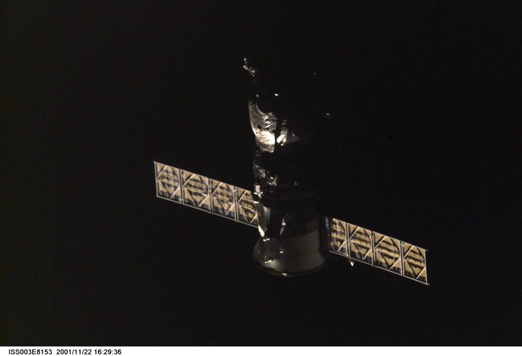 Backdropped by the blackness of space, an unpiloted Progress supply vehicle departs from the Zvezda Service Module’s docking port on the International Space Station (ISS) carrying its load of trash and unneeded equipment to be deorbited and burned up in the atmosphere. Its undocking makes room for Progress 6, scheduled for launch from the Baikonur Cosmodrome in Kazakhstan at 12:24 p.m. (CST) on Monday, November 26, 2001. The new Progress, filled with fresh supplies, is planned to dock to the station at 1:45 p.m. (CST) on Wednesday, November 28, 2001. This image was taken with a digital still camera.