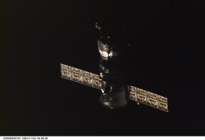 Backdropped by the blackness of space, an unpiloted Progress supply vehicle departs from the Zvezda Service Module’s docking port on the International Space Station (ISS) carrying its load of trash and unneeded equipment to be deorbited and burned up in the atmosphere. Its undocking makes room for Progress 6, scheduled for launch from the Baikonur Cosmodrome in Kazakhstan at 12:24 p.m. (CST) on Monday, November 26, 2001. The new Progress, filled with fresh supplies, is planned to dock to the station at 1:45 p.m. (CST) on Wednesday, November 28, 2001. This image was taken with a digital still camera.