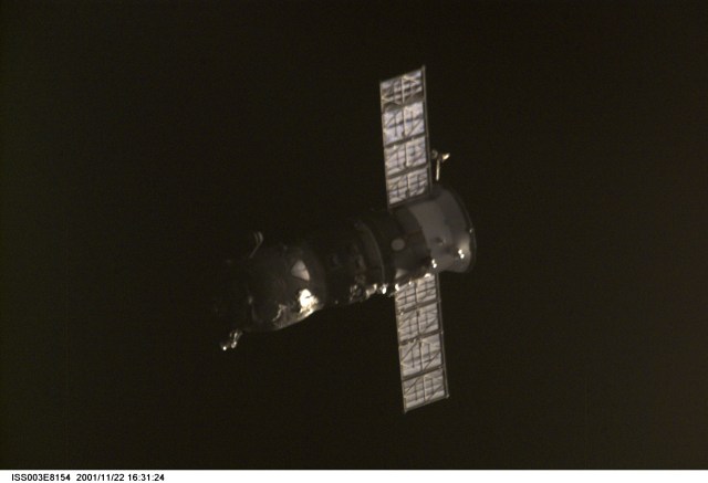 Backdropped by the blackness of space, an unpiloted Progress supply vehicle departs from the Zvezda Service Module’s docking port on the International Space Station (ISS) carrying its load of trash and unneeded equipment to be deorbited and burned up in the atmosphere. Its undocking makes room for Progress 6, scheduled for launch from the Baikonur Cosmodrome in Kazakhstan at 12:24 p.m. (CST) on Monday, November 26, 2001. The new Progress, filled with fresh supplies, is planned to dock to the station at 1:45 p.m. (CST) on Wednesday, November 28, 2001. This image was taken with a digital still camera.
