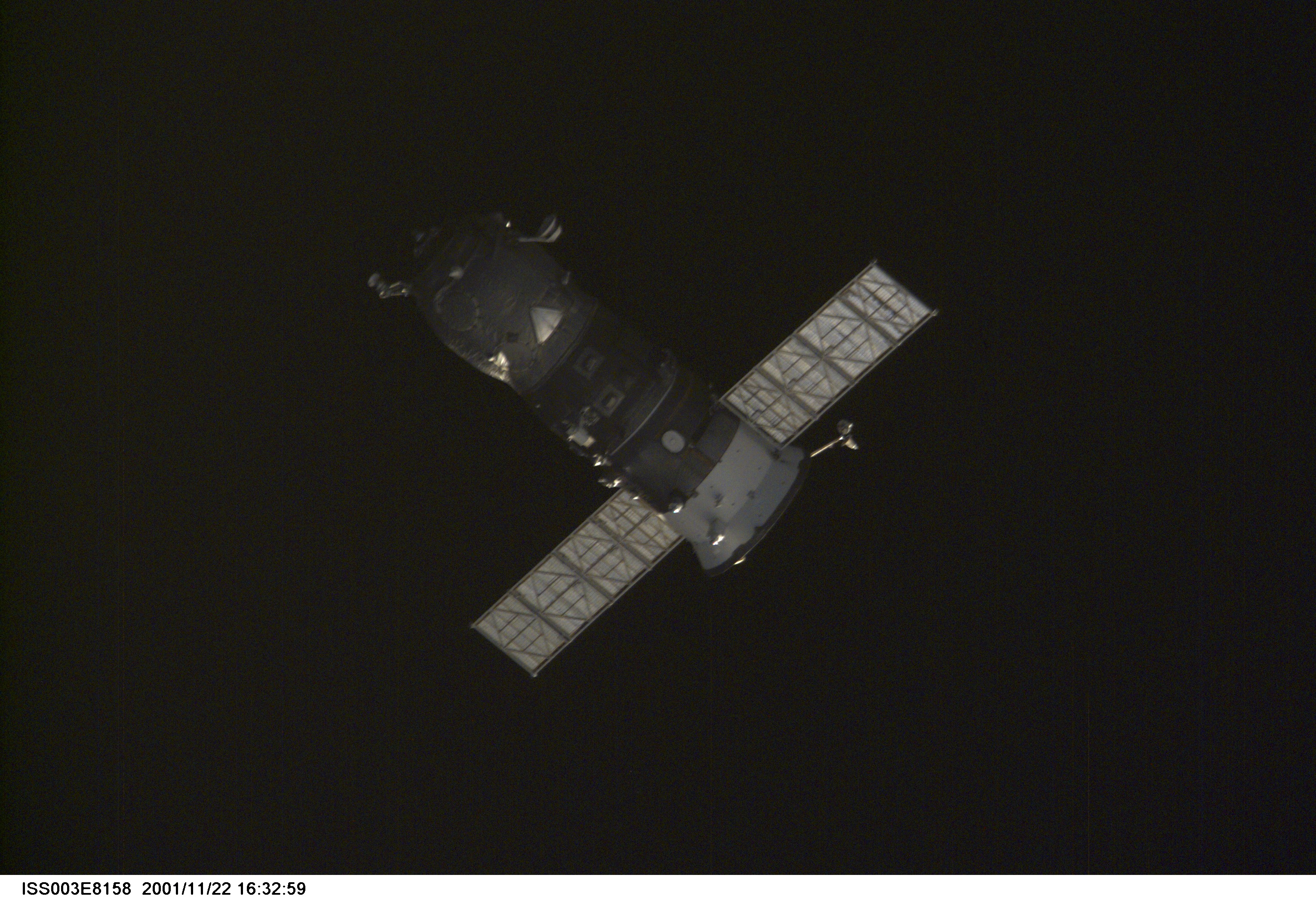 Backdropped by the blackness of space, an unpiloted Progress supply vehicle departs from the Zvezda Service Module’s docking port on the International Space Station (ISS) carrying its load of trash and unneeded equipment to be deorbited and burned up in the atmosphere. Its undocking makes room for Progress 6, scheduled for launch from the Baikonur Cosmodrome in Kazakhstan at 12:24 p.m. (CST) on Monday, November 26, 2001. The new Progress, filled with fresh supplies, is planned to dock to the station at 1:45 p.m. (CST) on Wednesday, November 28, 2001. This image was taken with a digital still camera.