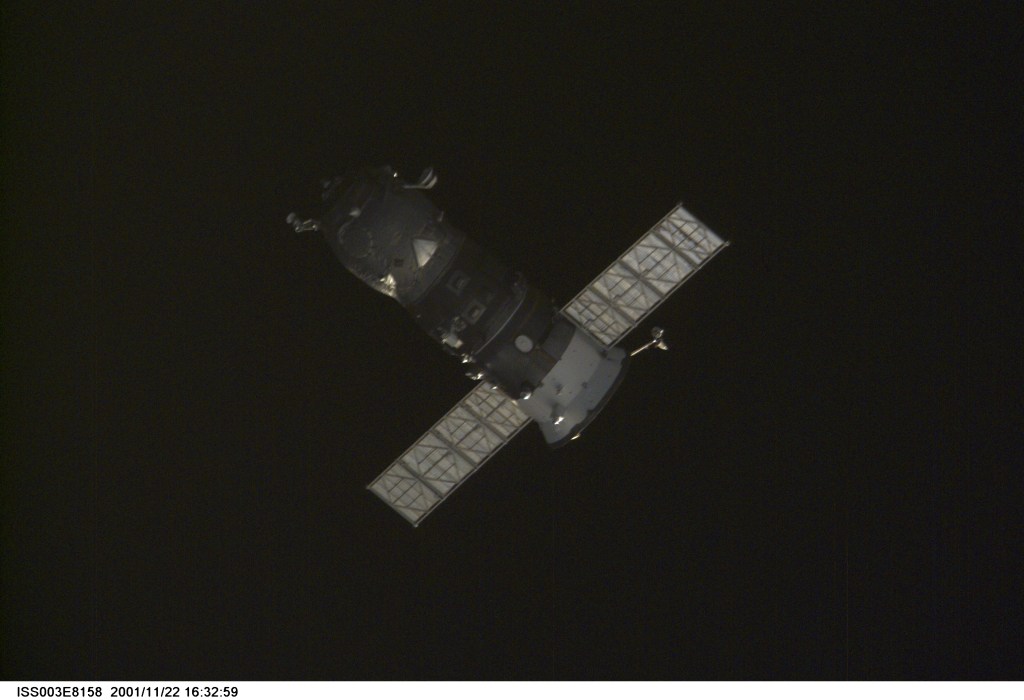 Backdropped by the blackness of space, an unpiloted Progress supply vehicle departs from the Zvezda Service Module’s docking port on the International Space Station (ISS) carrying its load of trash and unneeded equipment to be deorbited and burned up in the atmosphere. Its undocking makes room for Progress 6, scheduled for launch from the Baikonur Cosmodrome in Kazakhstan at 12:24 p.m. (CST) on Monday, November 26, 2001. The new Progress, filled with fresh supplies, is planned to dock to the station at 1:45 p.m. (CST) on Wednesday, November 28, 2001. This image was taken with a digital still camera.