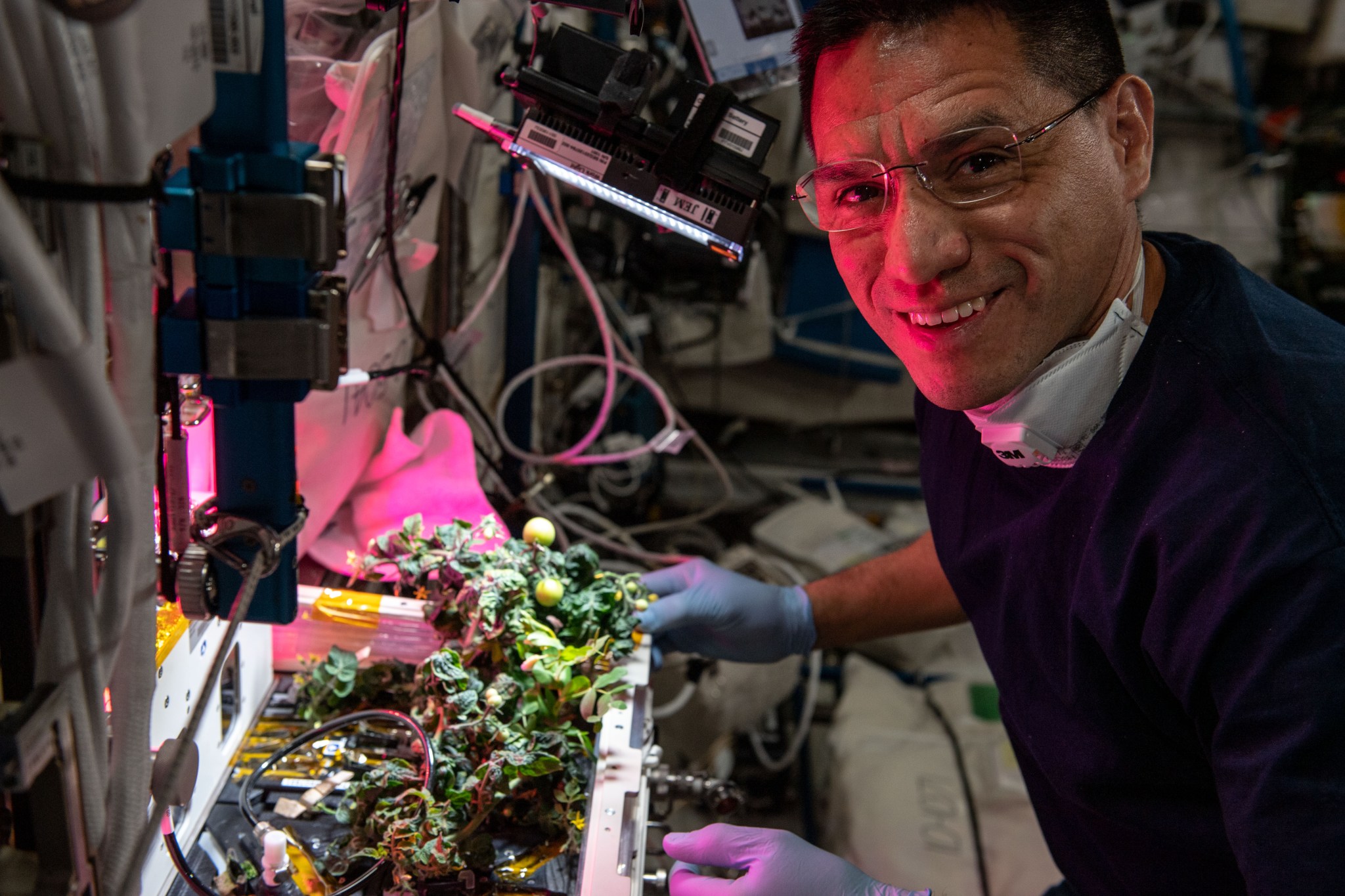 Retrato del astronauta de la NASA Frank Rubio trabajando en el experimento XROOTS a bordo de la Estación Espacial Internacional. 