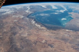 The Caspian Sea is surrounded by the nations of Iran to the south, Azerbaijan to the west, and Turkmenistan and Kazakhstan to the east in this photograph from the Interational Space Station as it orbited 260 miles above.