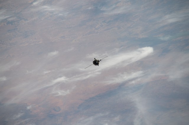 The Progress 86 cargo craft approaches the International Space Station's Poisk module ahead of its docking at 6:18 a.m. EST.