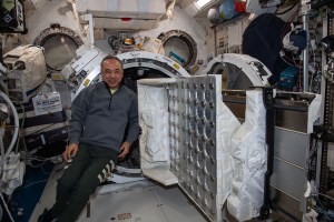 JAXA (Japan Aerospace Exploration Agency) astronaut and Expedition 70 Flight Engineer Satoshi Furukawa installs a multipurpose experiment platform for placement inside the Kibo laboratory module's airlock.