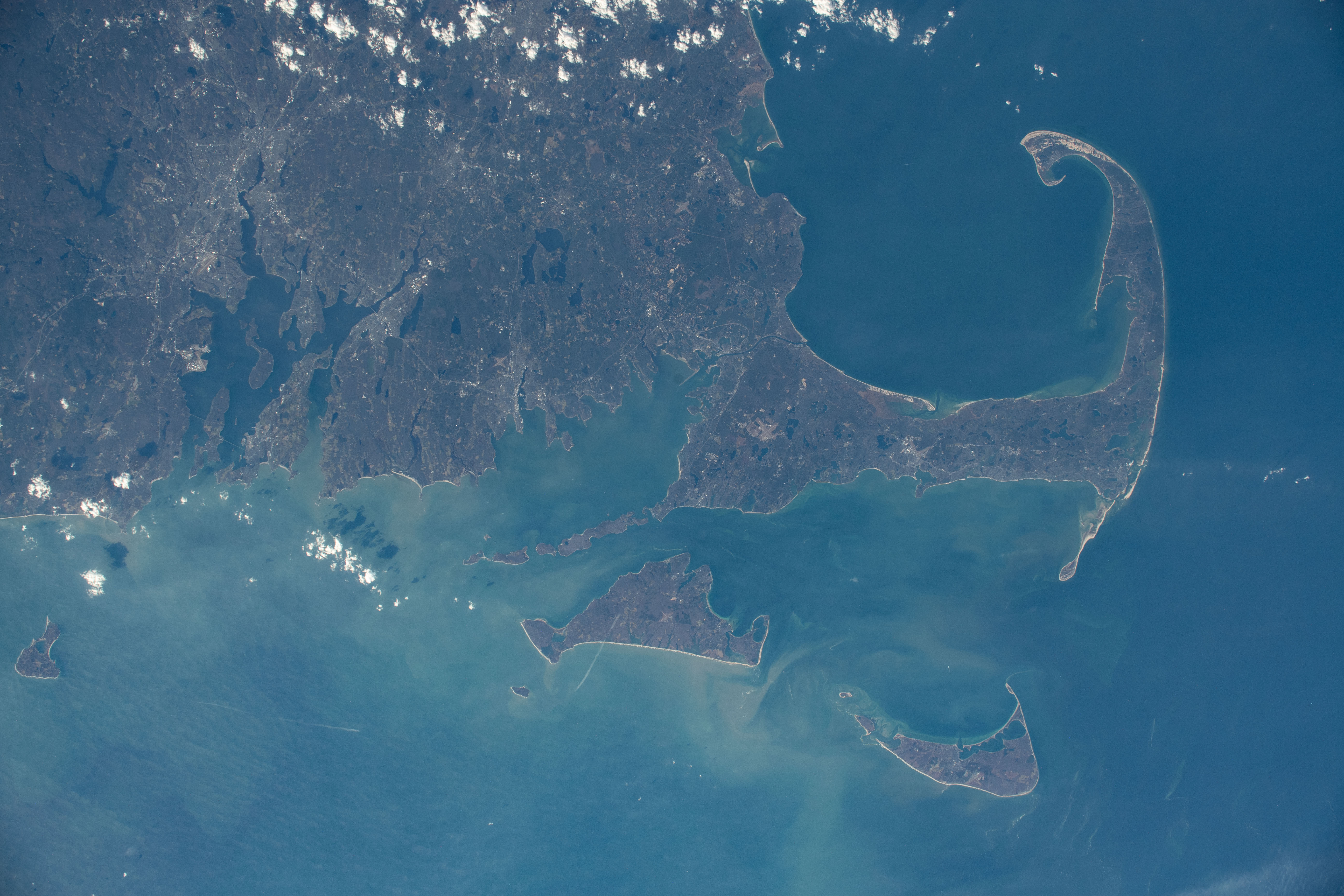 Rhode Island and Massachusetts, including Cape Cod Bay and the islands of Martha's Vineyard and Nantucket, are pictured from the International Space Station as it orbited 261 miles above the notheastern United States.