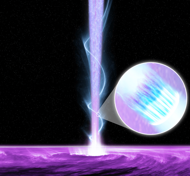 An illustration of of a black hole that looks purple at the bottom and shows a stream of white and blue coming out of the hole.