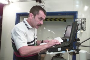 Cosmonaut Mikhail Tyurin, Expedition Three flight engineer representing Rosaviakosmos, is photographed during Human Research Facility (HRF) Rack training in the International Space Station (ISS) Destiny laboratory mockup/trainer at the Johnson Space Center’s Systems Integration Facility.