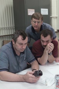 JSC2001-E-16669 (10 May 2001) --- Cosmonaut Vladimir N. Dezhurov (left), Expedition Three flight engineer, Frank L. Culbertson, Jr., Expedition Three mission commander, and Mikhail Tyurin, Expedition Three flight engineer, participate in biomedical training in the Bioengineering and Test Support Facility at Johnson Space Center (JSC). Dezhurov and Tyurin are affiliated with Rosaviakosmos.
