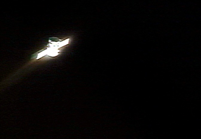 This video grab shows the Progress instrumentation and propulsion section of the Pirs Docking Compartment. The section was jettisoned, leaving the Pirs attached to the Zvezda Service Module of the International Space Station (ISS), where it will serve as a docking port for future Russian vehicles arriving at the ISS and as an airlock to accommodate space walks out of the Station's Russian segment.