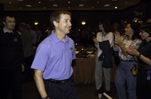 JSC2001-E-45024 (20 December 2001) --- Astronaut Frank L. Culbertson, Jr., Expedition Three mission commander, is pictured in the ballroom of the Gilruth Center at Johnson Space Center (JSC) during the Expedition Three Welcome Home ceremony. Cosmonaut Vladimir N. Dezhurov, flight engineer representing Rosaviakosmos, is visible in background.