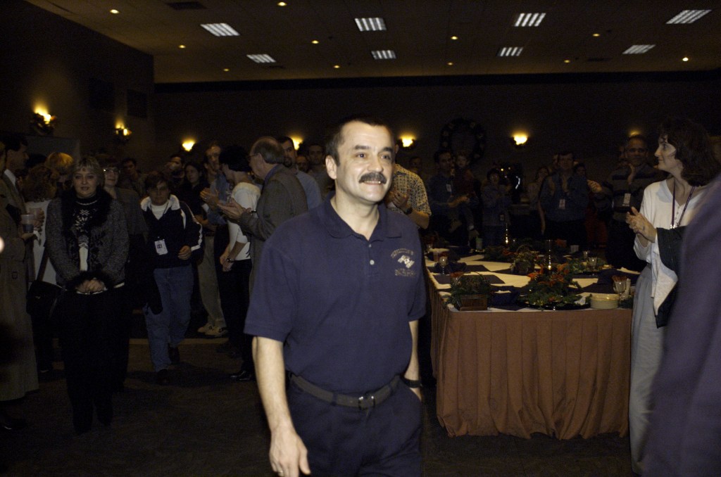 Cosmonaut Mikhail Tyurin, Expedition Three flight engineer representing Rosaviakosmos, is pictured in the ballroom of the Gilruth Center at Johnson Space Center (JSC) during the Expedition Three Welcome Home ceremony.