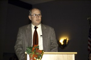JSC2001-E-45028 (20 December 2001) --- Johnson Space Center’s (JSC) Deputy Director Randy Stone speaks from the lectern in the ballroom of the Gilruth Center at JSC during the Expedition Three Welcome Home ceremony.