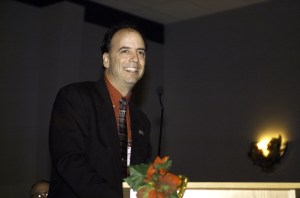Mark Ferring, International Space Station (ISS) flight director, speaks from the lectern in the ballroom of the Gilruth Center at Johnson Space Center (JSC) during the Expedition Three Welcome Home ceremony.