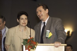 Nikolai Zubov, Deputy Director for Logistics and Procurement, Gagarin Cosmonaut Training Center at Star City, Russia, assisted by an interpreter, speaks from the lectern in the ballroom of the Gilruth Center at Johnson Space Center (JSC) during the Expedition Three Welcome Home ceremony.
