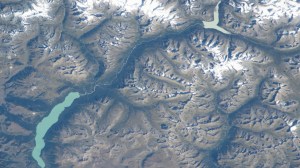 Ka Nasi Lake (lower left) and Ake Kule Lake (upper right), in China's Altai Mountain range near Mongolia's far western border, are pictured in this photograph as the International Space Station orbited 265 miles above.