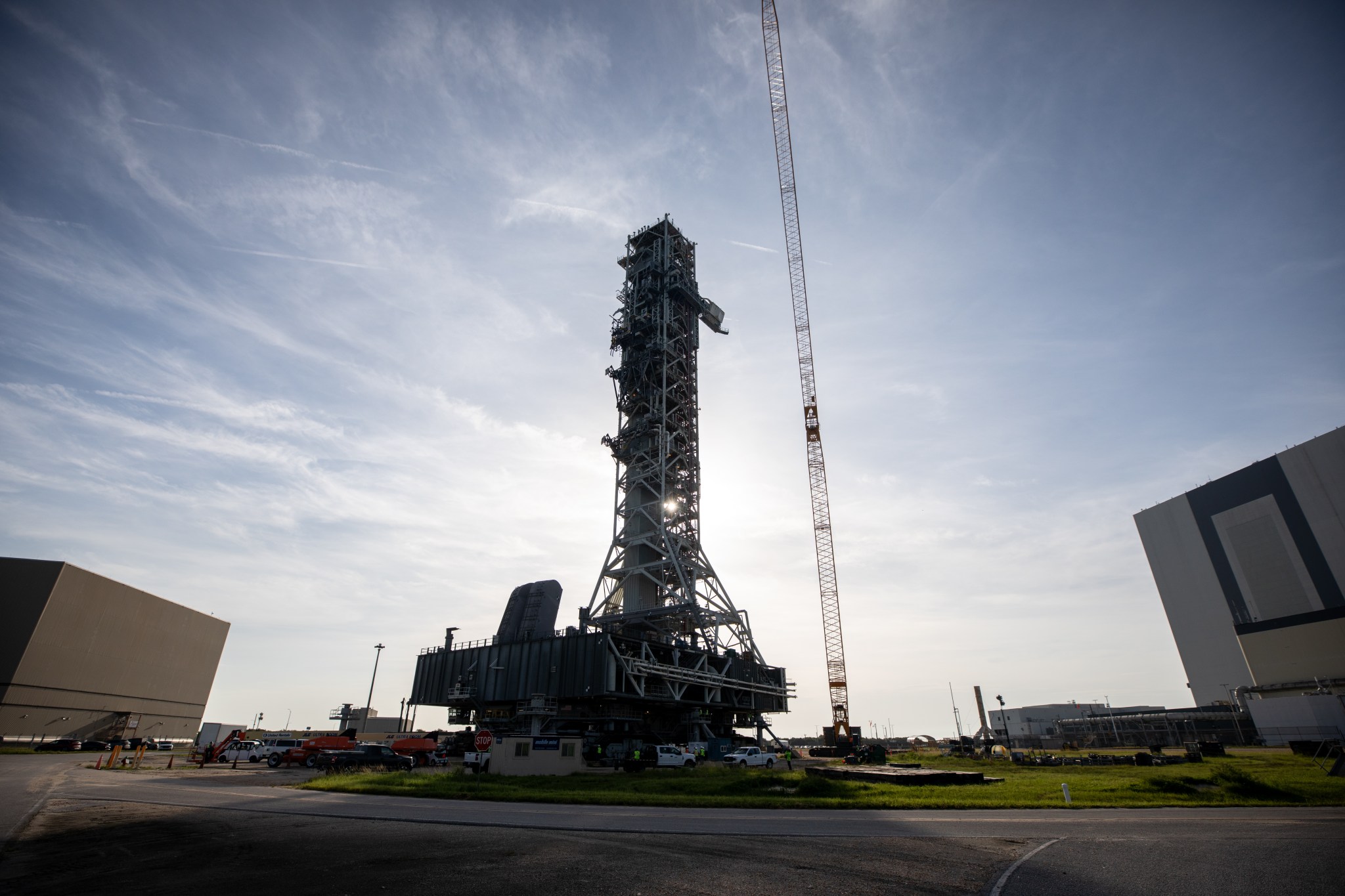 NASA's Space Launch System rocket Mobile Launcher moves to the launch pad at Kennedy Space Center.