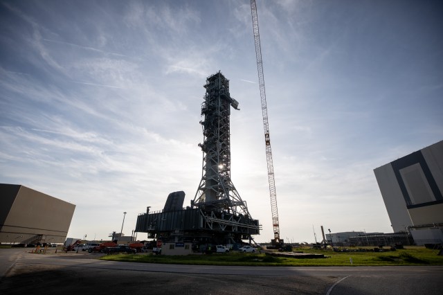 NASA's Space Launch System rocket Mobile Launcher moves to the launch pad.