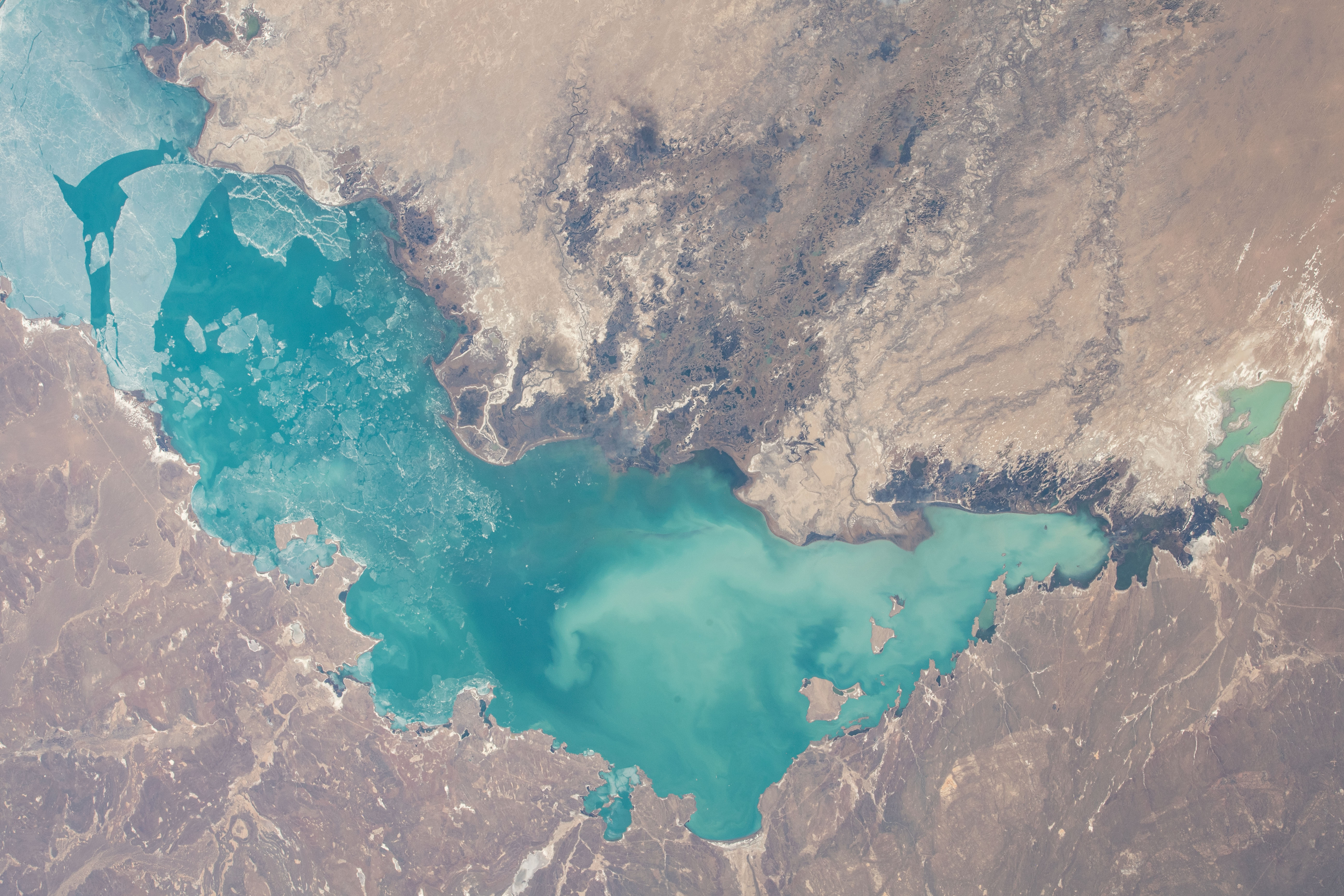 Lake Baikhash in Kazakhstan is pictiured from the International Space Station as it orbited 261 miles above the Central Asian nation.