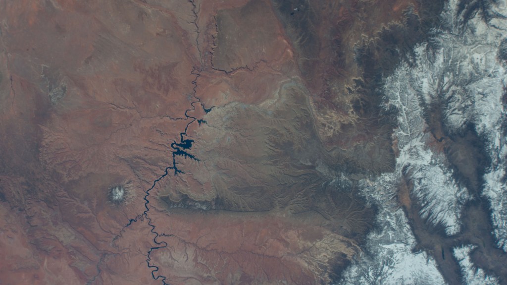 Lake Powell, separating Utah from Arizona, is pictured from an external high definition camera on the International Space Station as it orbited 260 miles above.