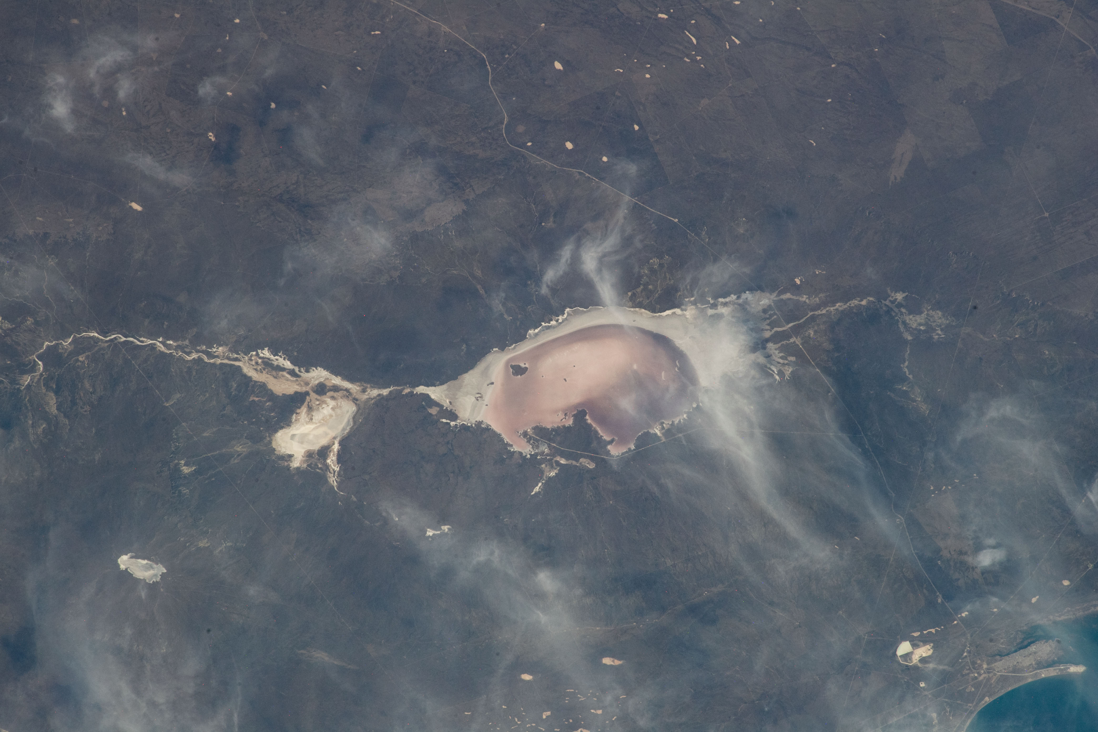 Las Salinas del Gualicho, the third largest salt flat in the world and approximately 240 feet below sea level, is pictured from the International Space Station as it orbited 266 miles above Argentina.