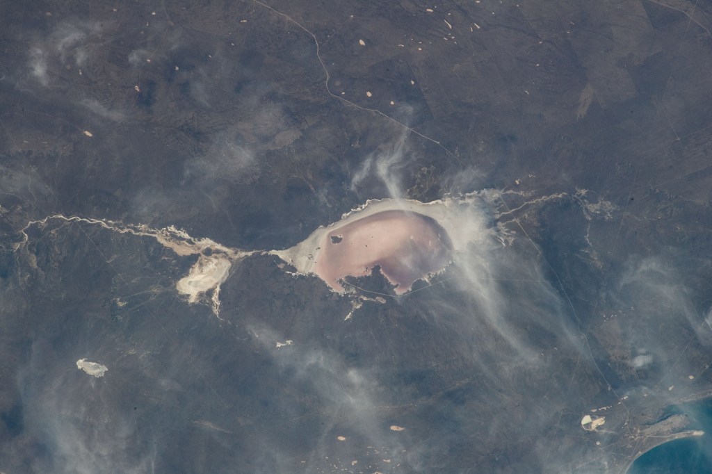 Las Salinas del Gualicho, the third largest salt flat in the world and approximately 240 feet below sea level, is pictured from the International Space Station as it orbited 266 miles above Argentina.