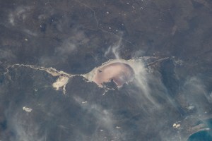 Las Salinas del Gualicho, the third largest salt flat in the world and approximately 240 feet below sea level, is pictured from the International Space Station as it orbited 266 miles above Argentina.