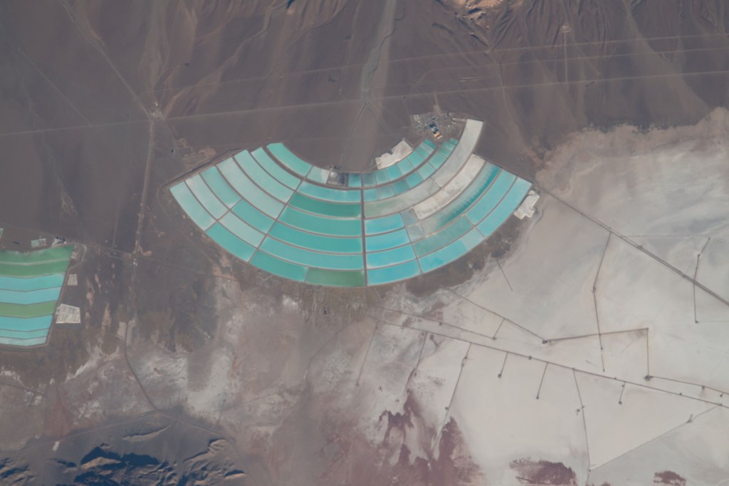 Lithium mining activities are pictured in northern Argentina from the International Space Station as it orbited 266 miles above the South American continent.