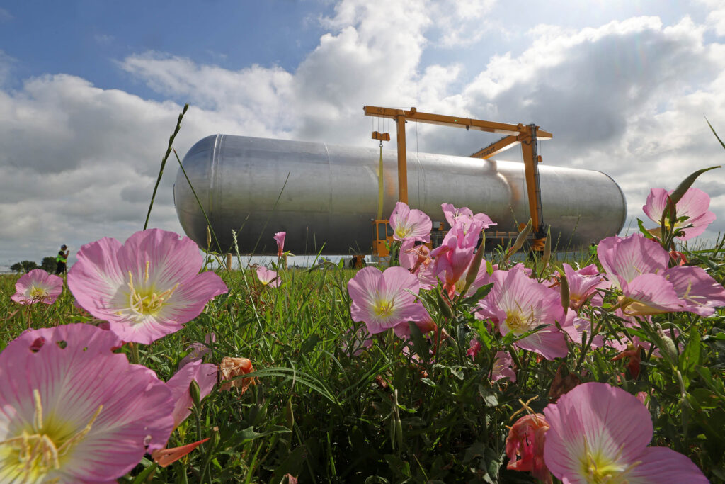 Image of a storage tank behind a field of wildflowers.
