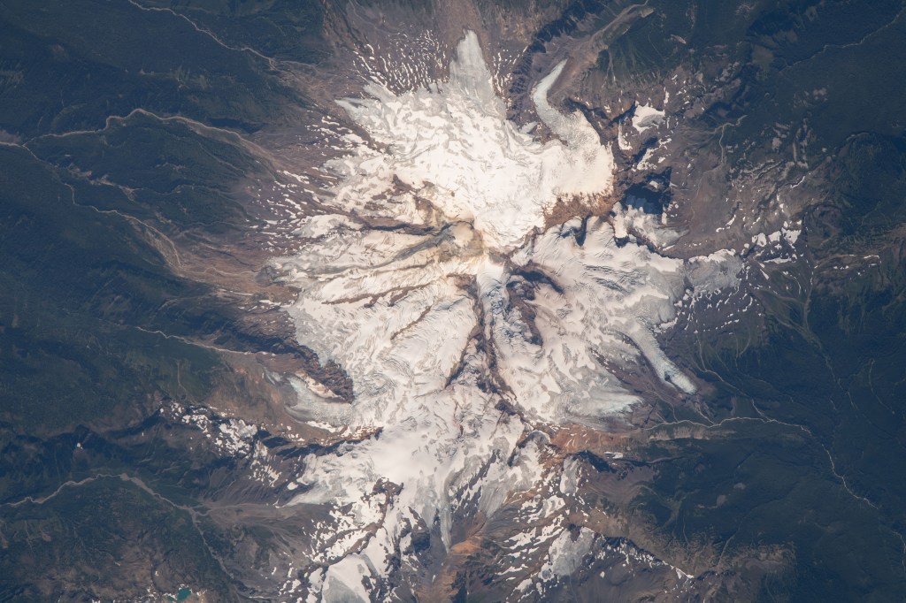 Mount Baker reaches over 10,700 feet of elevation in the state of Washington. The active glacier-covered stratovolcano was seen from the International Space Station as it orbited 265 miles above.