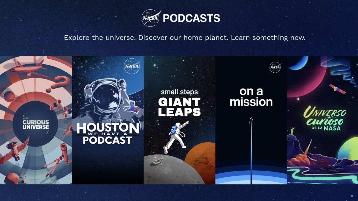 Graphic showing four panels of NASA podcast options.
