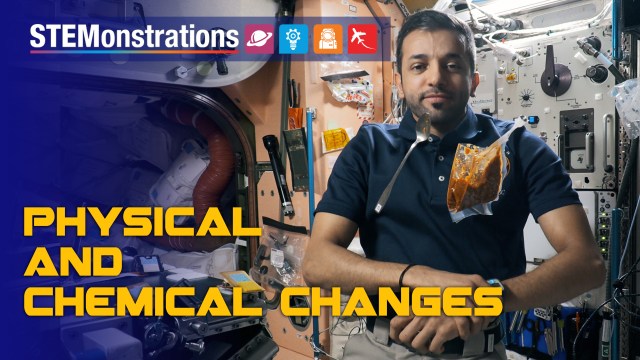 An image of Astronaut Sultan Alneyadi on board the ISS demonstrating physical and chemical changes.