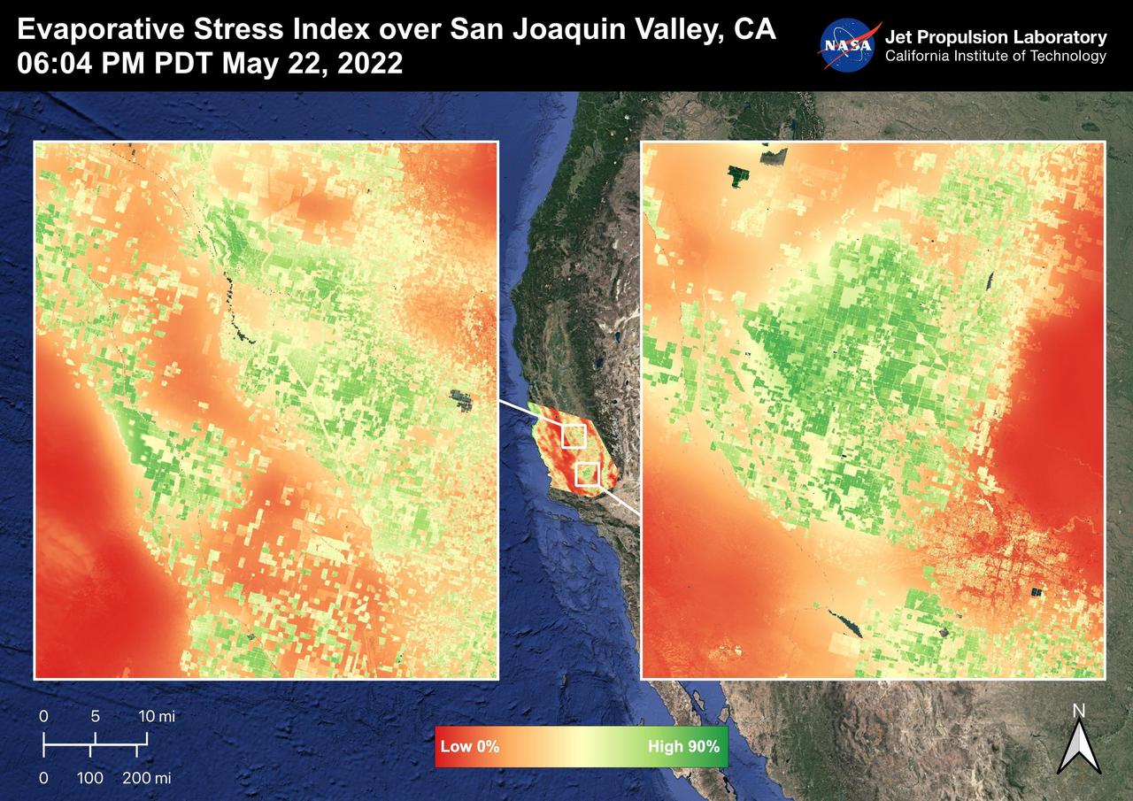 The image shows the Evaporative Stress Index over the San Joaquin Valley on May 22, 2022, where many fields show high Evaporative Stress Index values that indicate low plant stress whereas low values indicate high plant stress.