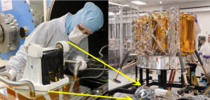 The Peregrine Ion-Trap Mass Spectrometer (PITMS) is shown to the left in the lab being examined by a staff scientist; to the right, it’s shown with a model of Astrobotic’s Peregrine-1 lander for scale. PITMS will collect data to analyze volatiles in the Moon’s exosphere after descent, landing, and throughout the day.