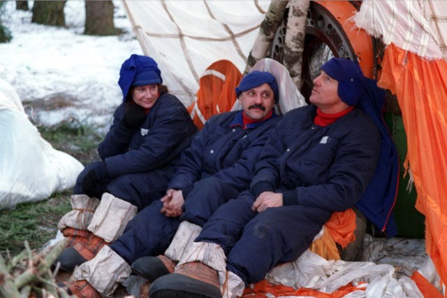 Members of the second crew that will live aboard the International Space Station, from left Susan Helms, a U.S. astronaut, Crew Commander Yuri Usachev from Russia and Jim Voss, also a U.S. astronaut, participate in Soyuz winter survival training in March 1998 near Star City, Russia. The training prepares the crew in the event the Soyuz spacecraft, used as an emergency crew return "lifeboat" for the station, were to land in a location where the crew could not be immediately reached.