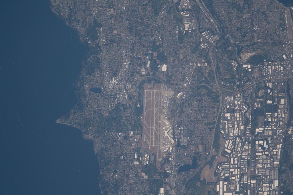 Seattle-Tacoma International Airport near the Puget Sound in northwest Washington is pictured from the International Space Station as it orbited 264 miles above the Evergreen State.