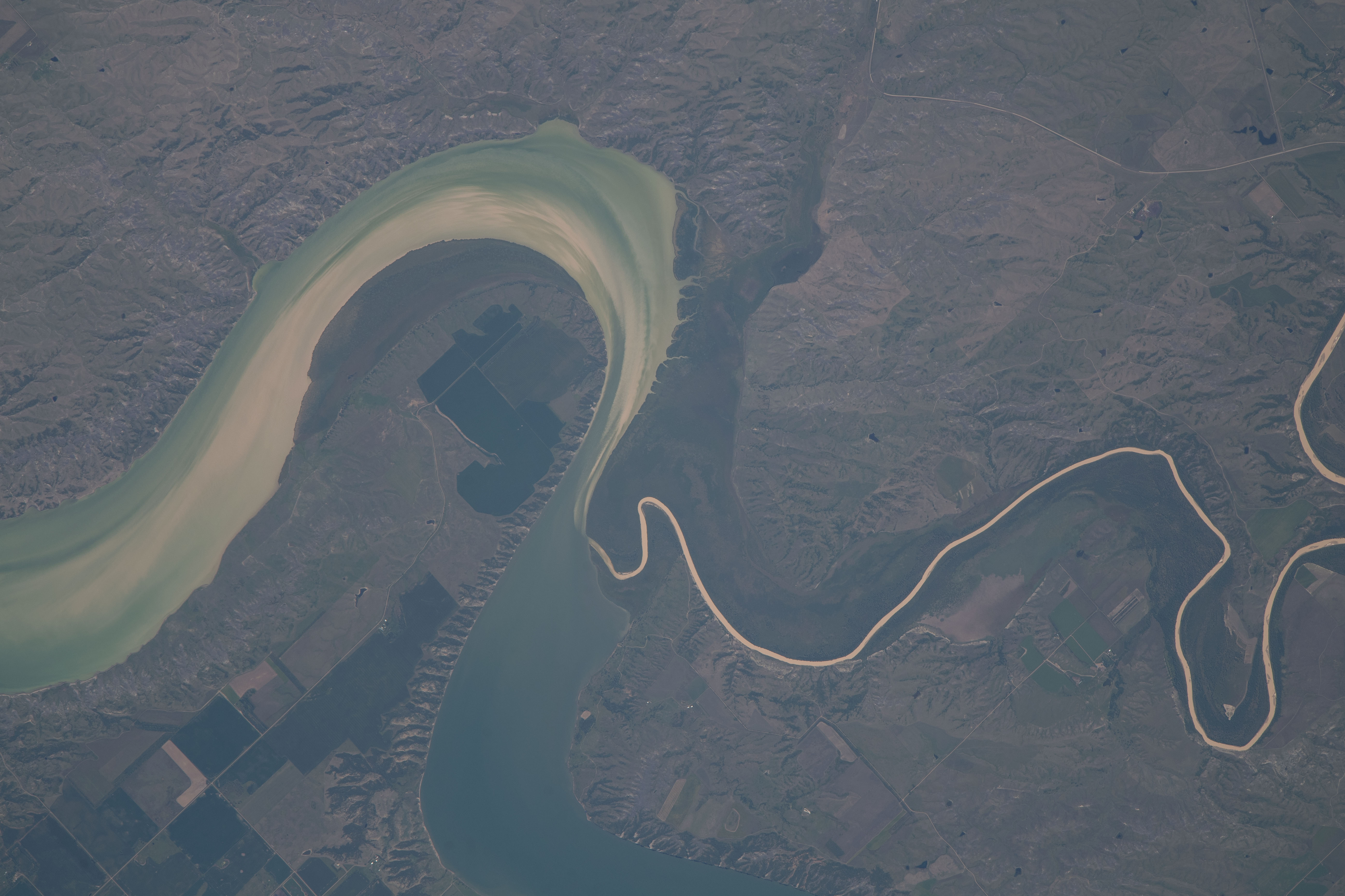 South Dakota's Missouri River and its tributary the White River are pictured from the International Space Station as it orbited 264 miles above North America.