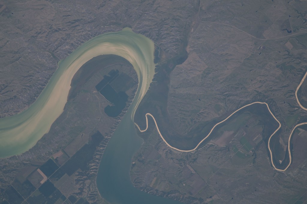 South Dakota's Missouri River and its tributary the White River are pictured from the International Space Station as it orbited 264 miles above North America.